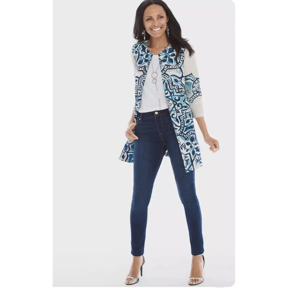 Chicos Duster Jacket Artisan Print 100% Linen Cardigan Artsy - Picture 3 of 13